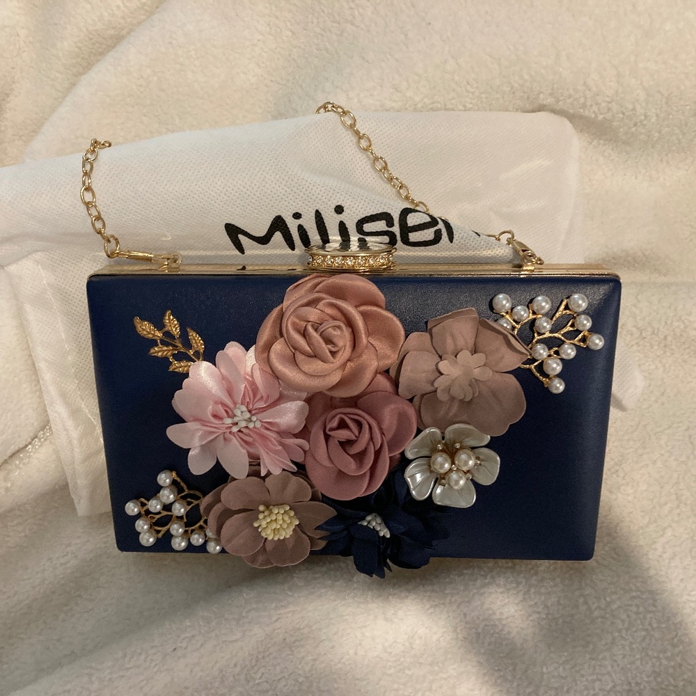 Navy Evening Cluch with floral accents